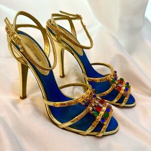 Roberto Cavalli Embellished Gold Leather Shoes Sandal, IT 39